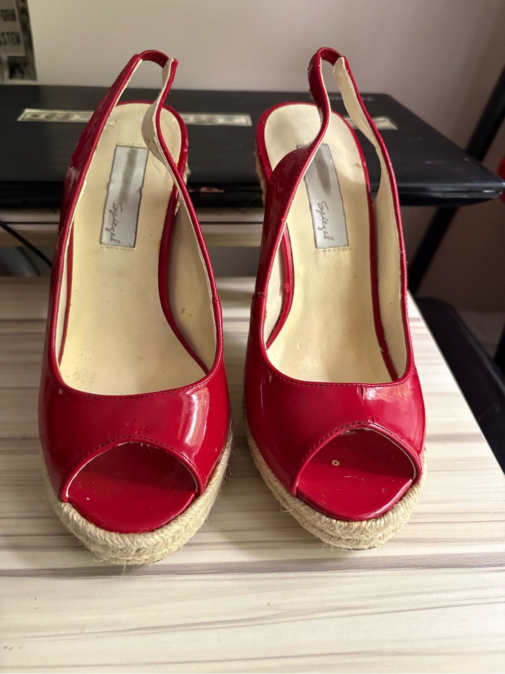 Spiegel Red Patent Peep-Toe Espadrille Wedges